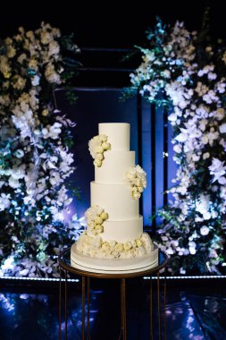 Akşam düğün kemerinin yanında güzel bir düğün pastası..