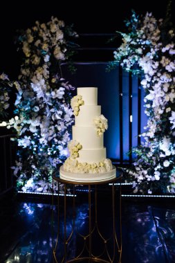 Akşam düğün kemerinin yanında güzel bir düğün pastası..