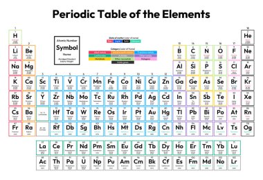 Elementler Vektör İllüstrasyonunun Renkli Periyodik Tablosu atom numarası, sembol, isim, kısaltılmış standart atom ağırlığı, maddenin durumu ve element kategorisini gösterir