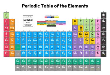 Elementler Vektör İllüstrasyonunun Renkli Periyodik Tablosu atom numarası, sembol, isim, kısaltılmış standart atom ağırlığı, maddenin durumu ve element kategorisini gösterir