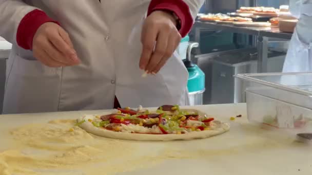 Pizza Med Massor Ingredienser Förbereds — Stockvideo