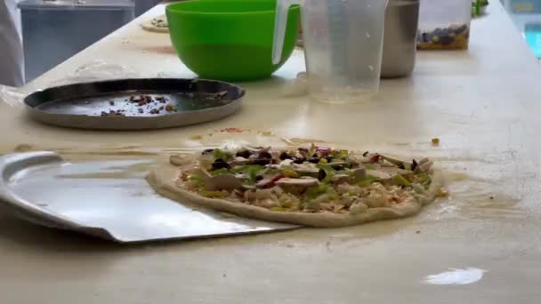 たくさんの食材を使ったピザが用意されています — ストック動画