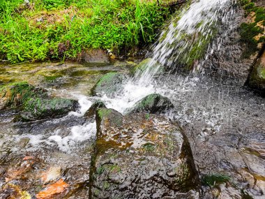 Küçük nehir suyu, kayalar ve dökülen su.
