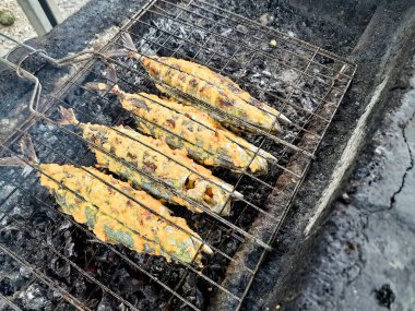 Close-up of gurigak fish being grilled on a charcoal grill, prepared in the traditional Pariaman style called sambam or ikan bakar in Indonesian. Freshly cooked seafood clipart