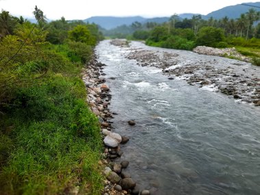 Kayu Tanam 'daki Batang Anai Nehri manzaralı, Padang Pariaman, Batı Sumatra, Endonezya, şafak vakti. Temiz su, kayalık nehir kıyıları ve yemyeşil yemyeşil.