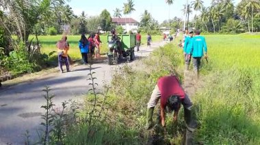 Pariaman, Endonezya - 26 Şubat 2025: Vatandaşlar Ampalu Köyü 'ndeki toplu temizlik çalışmalarına katılarak, aşırı gelişmiş ot ve otların temizlenmesi ve yolların ve drenaj kanallarının kapatılması