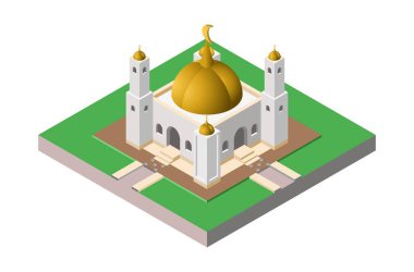 Altın kubbesi, beyaz kulesi ve yeşil otları olan bir caminin izole vektör çizimi. İslami temalar, dini tasarımlar ve mimari görseller için mükemmel.