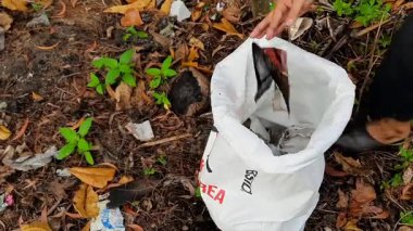 Plastik kirliliğini durdurmak ve çevreyi korumak için Pariaman City 'deki bir halk plaj temizliği sırasında insanların elleri dağınık plastik atık topluyor.