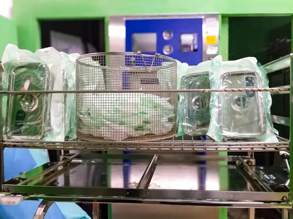 Yüksek basınçlı bir otoklavın içinde sterilize edilmiş tıbbi aletler. Aletler sterilizasyondan sonra hijyeni korumak için plastik torbalara kapatılır..