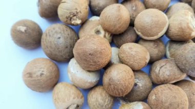 Kurutulmuş fındık tohumlarını kapatın. Endonezya bitkisel ve alternatif tıp.