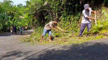 Pariaman, Endonezya - 25 Haziran 2025: Sungai Rambai 'deki köy temizlik işçileri, Kuzey Pariaman' daki dönüşümlü temizlik girişimi sırasında yol kenarını temizledi