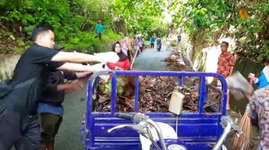 Pariaman, Endonezya - 9 Temmuz 2025: Sintuk köyündeki bir sokak temizleme çalışması sırasında vatandaşlar üç tekerlekli bir karavana kesilmiş yaprak ve ot yüklüyorlar