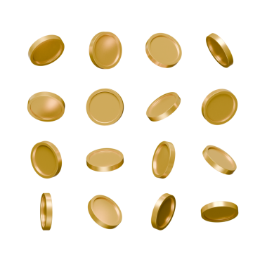 3D altın sikke koleksiyonu çeşitli açılar ve dönüşler halinde şeffaf bir arkaplanda izole edildi. Oyun tasarımı, finans veya kripto para birimi kavramları için mükemmel