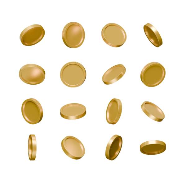 3D altın sikke koleksiyonu çeşitli açılar ve dönüşler halinde şeffaf bir arkaplanda izole edildi. Oyun tasarımı, finans veya kripto para birimi kavramları için mükemmel