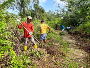 Pariaman, Endonezya - Agu 27, 2025: Köy temizlik işçileri Padang Birik-Birik 'te geleneksel araç gereçlerle yapılan bir temizlik sırasında yol kenarındaki aşırı büyümeyi temizlediler