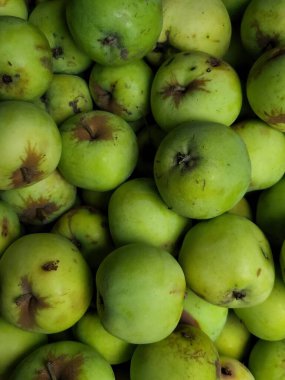 Meyvenin cildine ve doğal dokusuna odaklanan yeşil elmalardan oluşan bir makro çekim.