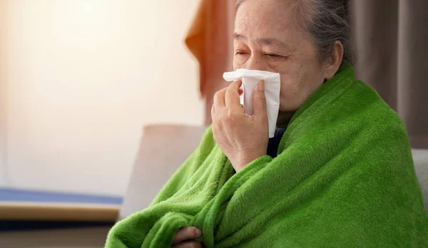 Asian Senior Woman Sneezing Tissue Paper Having Allergy Dust Her — Stock Photo, Image