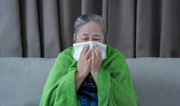 Sağlık Grip Hijyen Insanlar Konsepti Hasta Yaşlı Kağıt Mendilli Evde — Stok fotoğraf