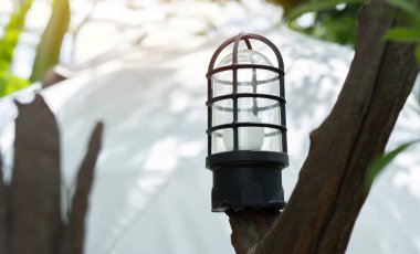 Ağaçta antika demir fener, güzel fener dekoru ve çelenkler dışarıda, kamp alanında. Seçici odak, kapat.