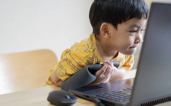 Smiling preschool child sitting on chair at home and watching cartoons online or play video game on his father \'s laptop. Technology, family and domestic life.