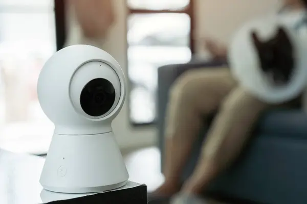 Close up of smart house CCTV security camera set on the table in the living room with blurred image of dog and owner behind. Security concept.