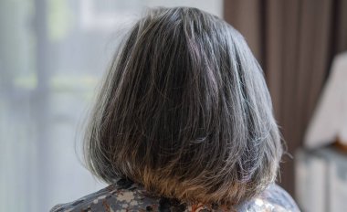 Yaşlı, orta yaşlı, kısa, gri renkli, ipek saçlı Asyalı bayanın arka görünüşü. Kapatın. Saç stili.