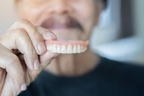 Waist up portrait of the old happy man in black t-shirt showing model of human teeth. Close up, selective focus.
