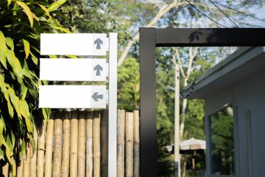 Üç boş yönlü ok bilgi paneli iz işaretleyicisi ağaç arkaplanı ve tropikal palmiye ağaçlarıyla pano işaretini gösterir.