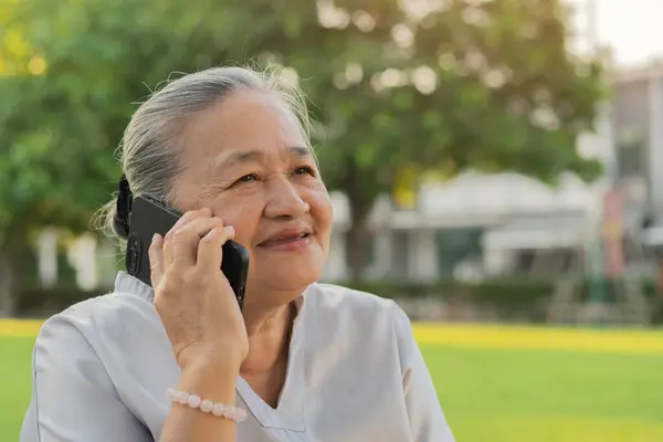 Cheerful old Asian woman excited on receiving some good news over smartphone at park. Copy space.