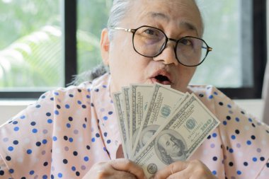 Yaşlı, gri saçlı, Asyalı kadın elinde 100 dolar banknotla gülümseyen, samimi ve mükemmel bir yüz ifadesi var. Yakın plan. Üst düzey zenginlik kavramı.