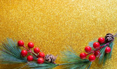 Işıl ışıl altın arka planda çam kozalakları ve dallar. Noel süsü, Noel ve yeni yıl arkaplanı