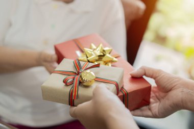 Genç çekici kadın elleri harika bir Noel gününde annesine hediye verir. Seçici odak.