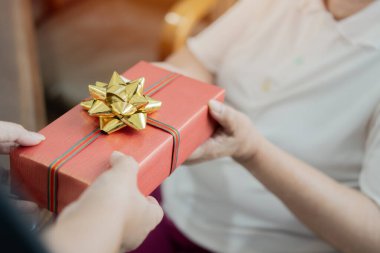 Genç bir kadın Noel 'de evde mutlu bir büyükanneye hediye veriyor. Seçici odak.