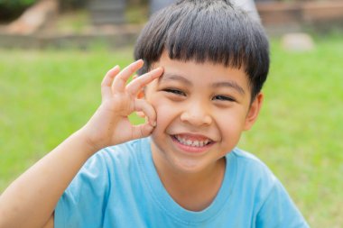 Yeşil çimlerde oturan ve iyi bir jest yapan gülümseyen Asyalı bir çocuğun portresi. Doğanın tadını çıkaran sevimli bir çocuk.