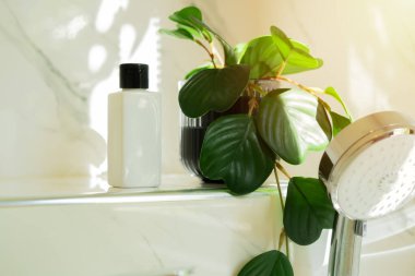Taze bitkili bir şişe sabun ve banyo içi parlak bir fotoğrafla yıkanmış beyaz lavabo. Seçici odak.