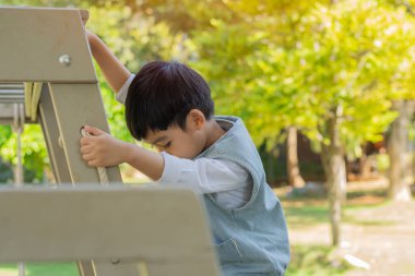 Küçük Asyalı bir çocuk yazın bahçede oyun parkına tırmanıyor..