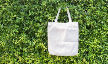 Ağaç duvarında asılı boş beyaz çanta bezi kumaş. Küresel ısınmayı azaltmak için bez torbaları kullan. Boşluğu kopyala.