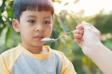 Anne dışarıda tatlı Asyalı oğluna kaşıkla yemek veriyor ama o yemeyi reddediyor. Çocuğun iştahsızlık konsepti var..