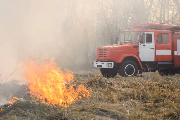 Пожежна Машина Біля Палаючої Трави Сільській Місцевості Викинула Дикий Вогонь — стокове фото