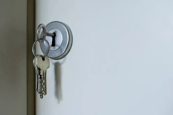 stock image Bunch of keys left in the keyhole of flat door. Concept of security, access, safety.