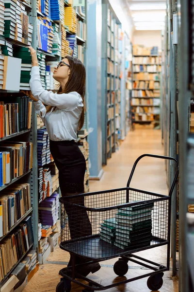 Υπάλληλος Βιβλιοθήκης Τακτοποιεί Βιβλία Όμορφη Νεαρή Μελαχρινή Βιβλιοθηκάριος Κατά Διάρκεια — Φωτογραφία Αρχείου