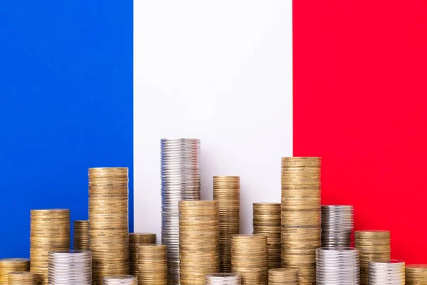 Bozuk Para Yığınları Için Arka Plan Olarak Fransız Bayrağı Fransa — Stok fotoğraf