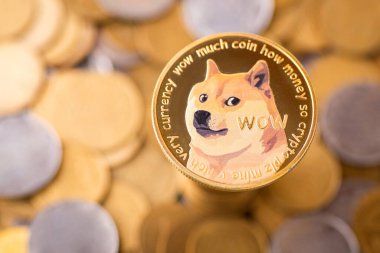Normal madeni paraların arka planına sahip altın bir Dogecoin. Dogecoin kripto para birimi sembolü