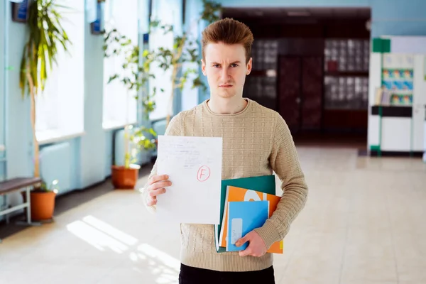 Failed test or exam and angry student in corridor of university with learning materials