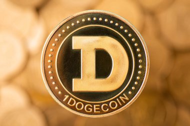 Dogecoin with background of golden coins. Cryptocurrency concept