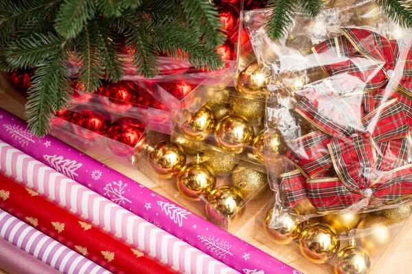 Close Shot Red Golden Christmas Tree Baubles Bows Wrapping Paper — Stockfoto