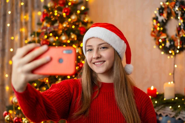 Cheerful Young Blond Woman Making Selfie Front Christmas Tree Happy — 스톡 사진