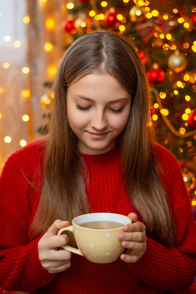 Portrait Smiling Young Blond Girl Warm Red Sweater Holding Cup — 스톡 사진