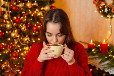 Young beautiful brunette woman drinking cup of tea, wearing red sweater, sitting in front of the christmas tree. Winter holidays at home, cozy relaxed atmosphere