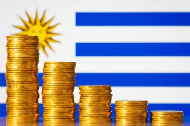 Financial crisis in Uruguay concept. Descending chart of coins in front of Uruguay flag